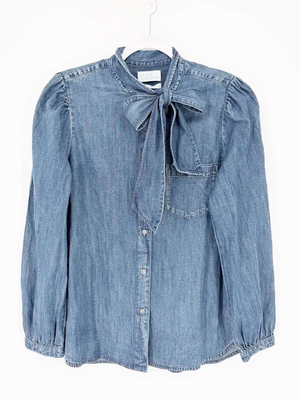 NWT J Crew Denim Shirt Bow Tie Neck Blouse Button Up Western Size 10